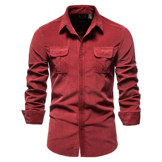 Men's long sleeve linen shirt on hanger showing colour options like denim blue, army green, and red.