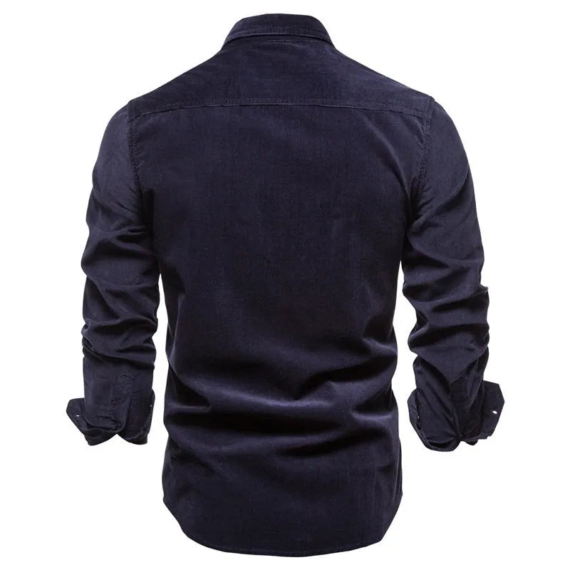 Men's long sleeve linen shirt on hanger showing colour options like denim blue, army green, and red.