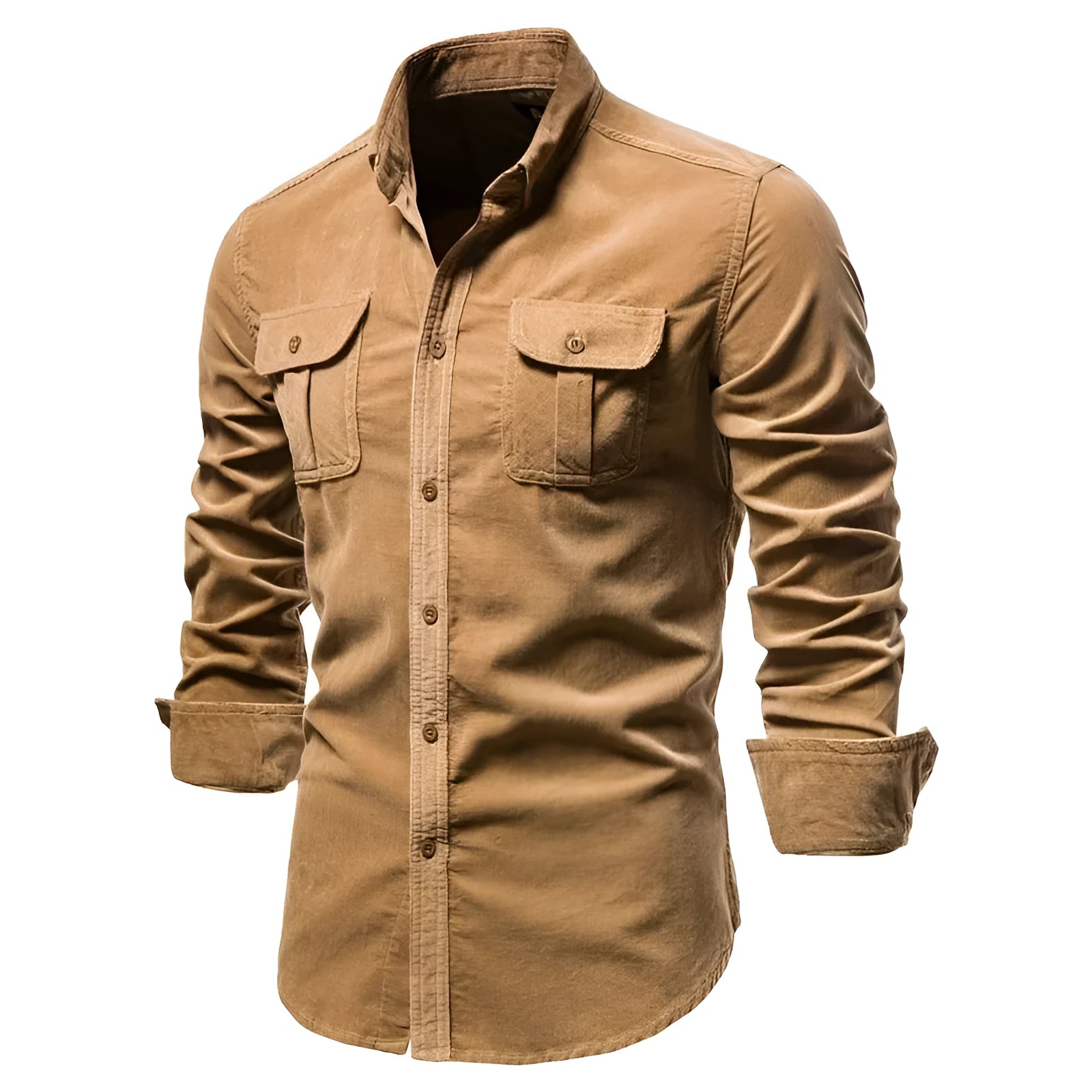 Men's long sleeve linen shirt on hanger showing colour options like denim blue, army green, and red.