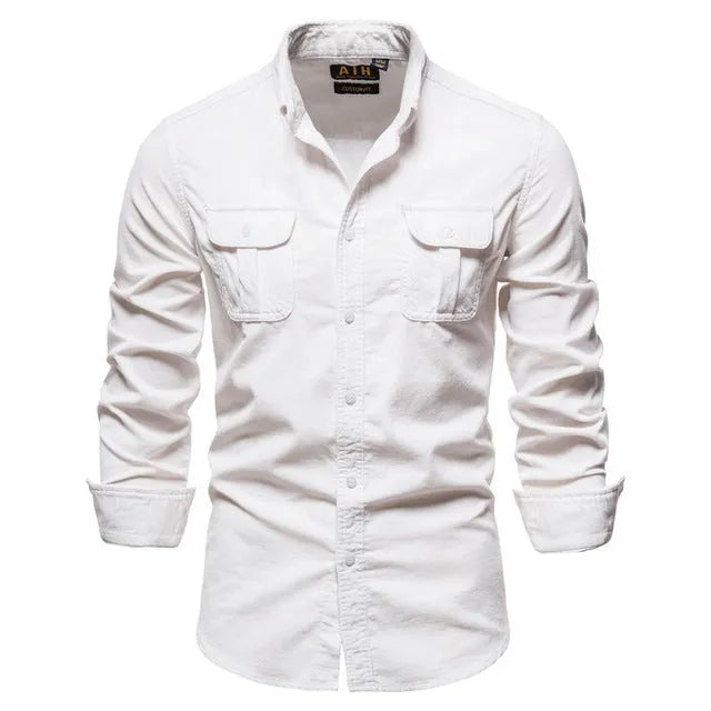 Men's long sleeve linen shirt on hanger showing colour options like denim blue, army green, and red.
