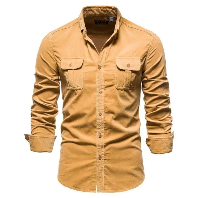 Men's long sleeve linen shirt on hanger showing colour options like denim blue, army green, and red.