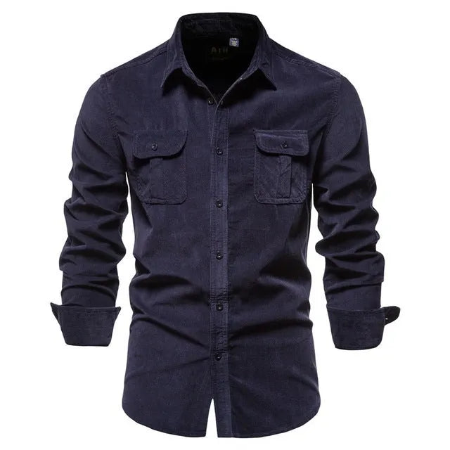 Men's long sleeve linen shirt on hanger showing colour options like denim blue, army green, and red.