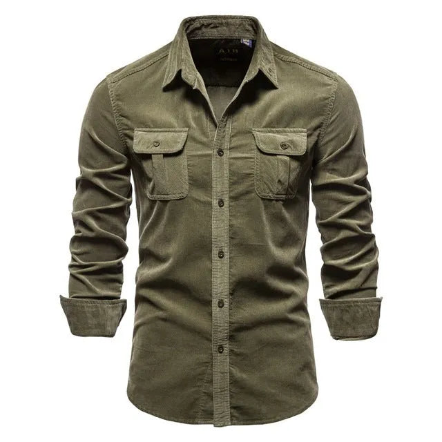 Men's long sleeve linen shirt on hanger showing colour options like denim blue, army green, and red.