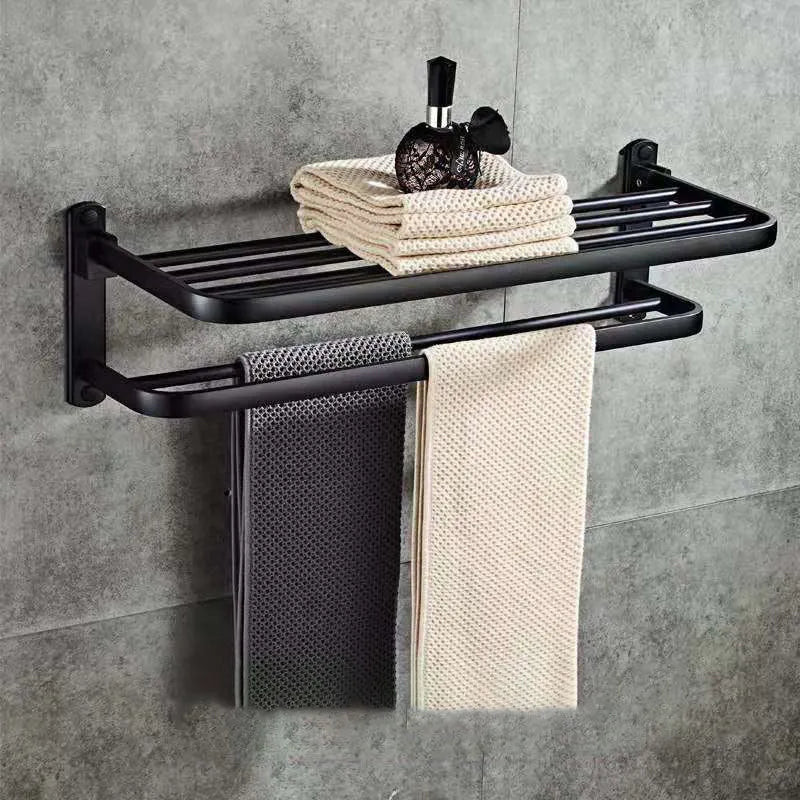 Aluminium bathroom folding shelf with two-tier towel rack storage in light luxury style