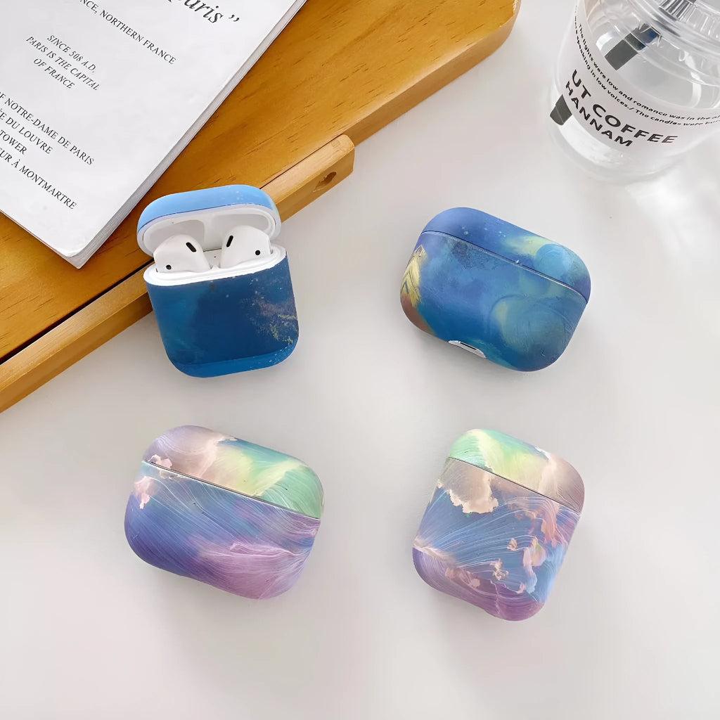 Pink and blue watercolour hard plastic protective sleeve for Apple AirPods 1, 2 and Pro charging case.