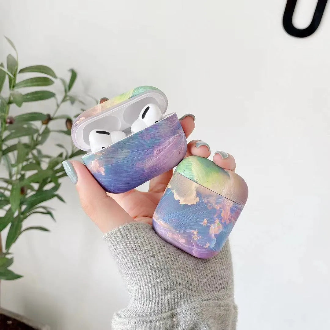 Pink and blue watercolour hard plastic protective sleeve for Apple AirPods 1, 2 and Pro charging case.
