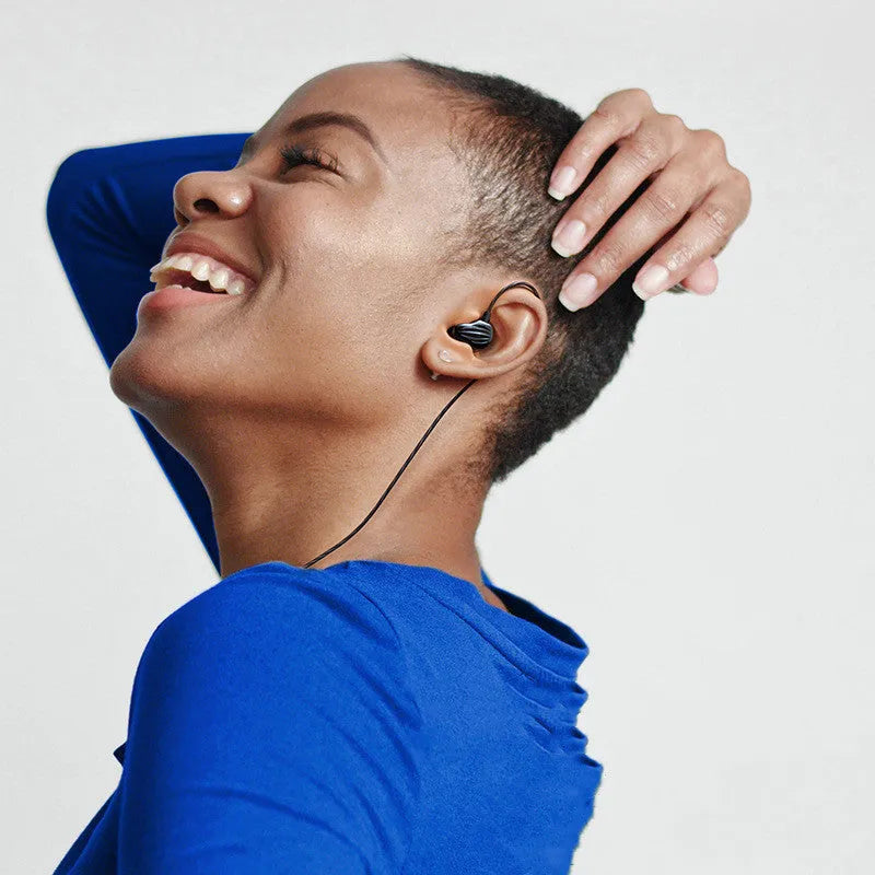 Sports in-ear headphones with around-ear wearing style and 3.5mm plug in black, red or white colours