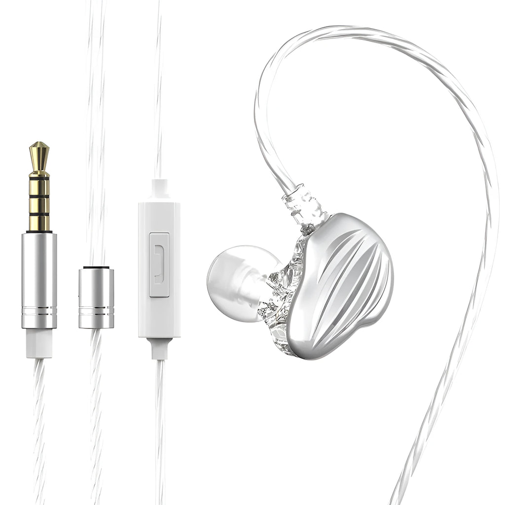 Sports in-ear headphones with around-ear wearing style and 3.5mm plug in black, red or white colours