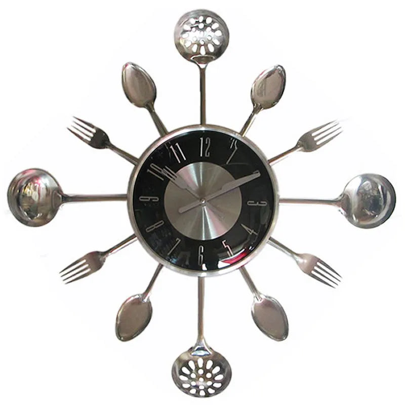 Round 18 inch metal wall clock with stainless steel knife and fork decoration on dial, black colour