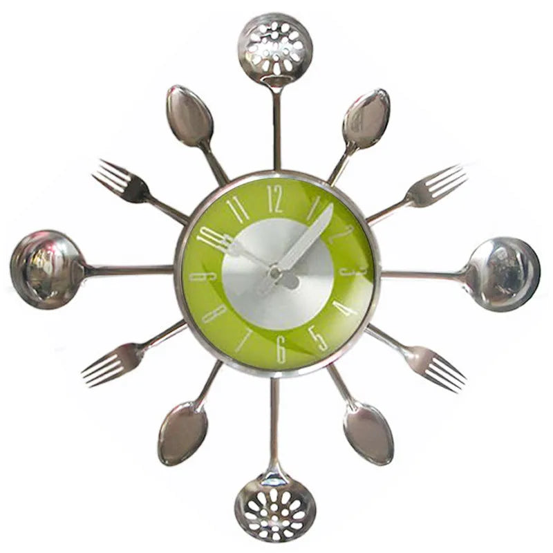 Round 18 inch metal wall clock with stainless steel knife and fork decoration on dial, black colour