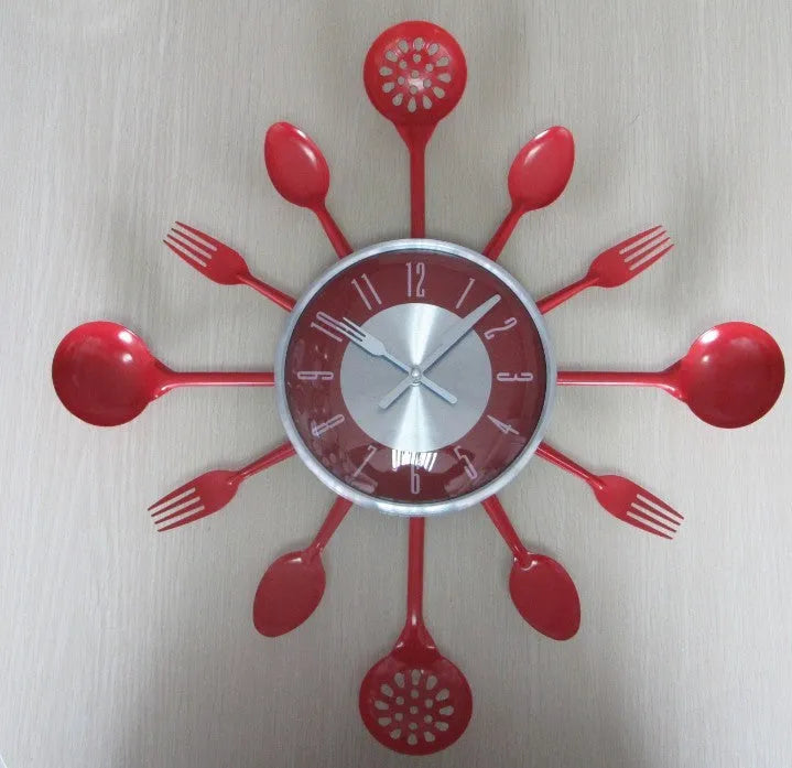 Round 18 inch metal wall clock with stainless steel knife and fork decoration on dial, black colour