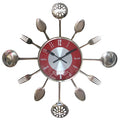 Round 18 inch metal wall clock with stainless steel knife and fork decoration on dial, black colour