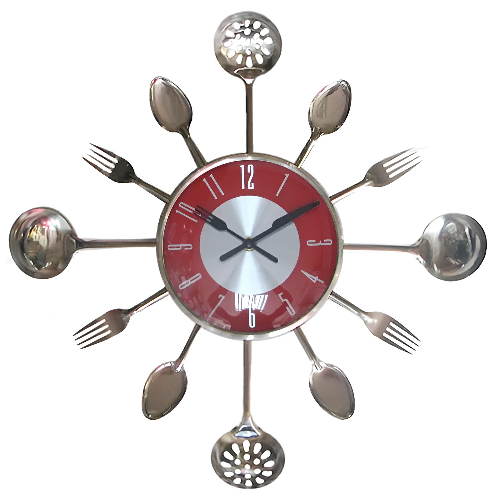 Round 18 inch metal wall clock with stainless steel knife and fork decoration on dial, black colour