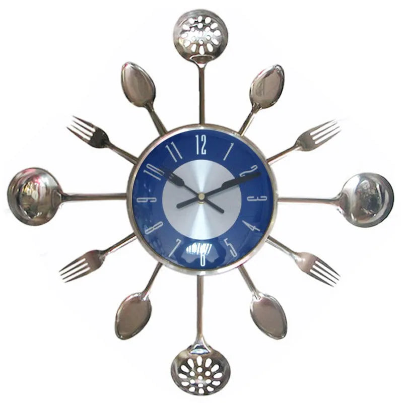 Round 18 inch metal wall clock with stainless steel knife and fork decoration on dial, black colour