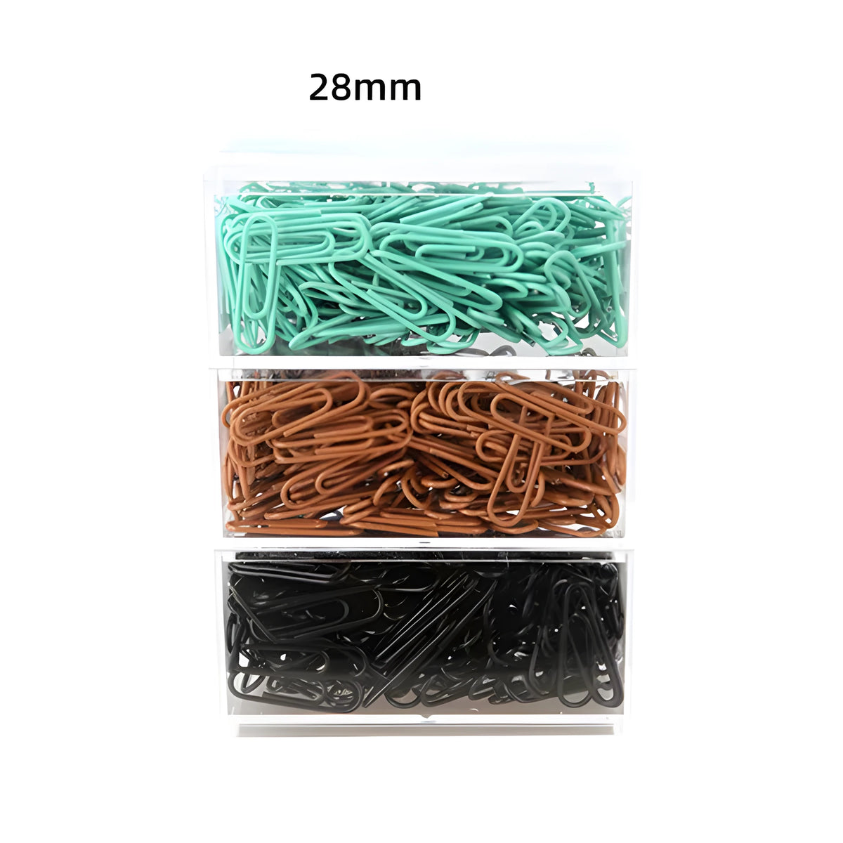 Mint green PVC coated metal paper clips 28mm and 50mm in office packaging