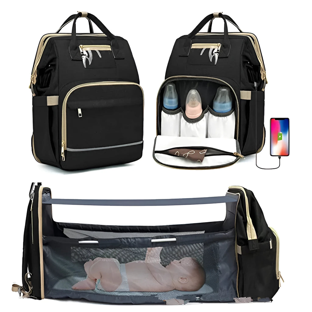 Large shell-shaped polyester travel mummy bag diaper replacement crib portable cradle in black with lid and three shoulder straps