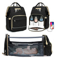 Large shell-shaped polyester travel mummy bag diaper replacement crib portable cradle in black with lid and three shoulder straps