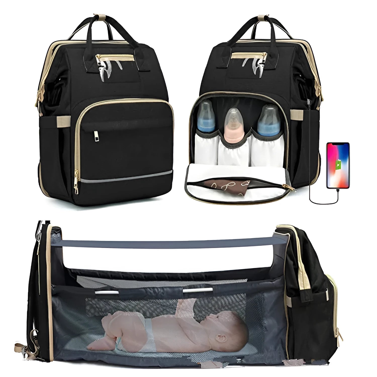 Large shell-shaped polyester travel mummy bag diaper replacement crib portable cradle in black with lid and three shoulder straps