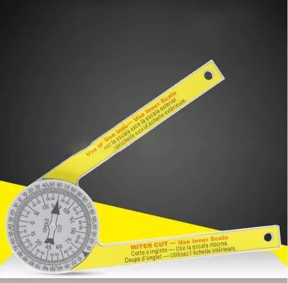 Yellow and white cross-border horizontal angle ruler with laser engraved scales for saw cutting.