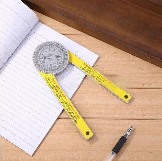 Yellow and white cross-border horizontal angle ruler with laser engraved scales for saw cutting.