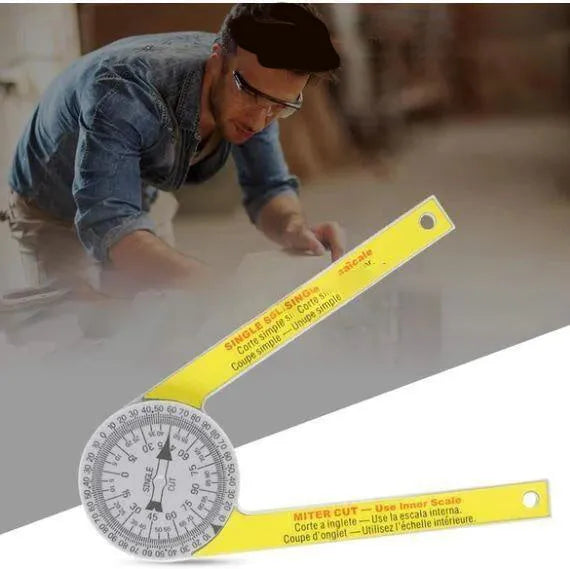 Yellow and white cross-border horizontal angle ruler with laser engraved scales for saw cutting.