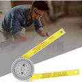 Yellow and white cross-border horizontal angle ruler with laser engraved scales for saw cutting.