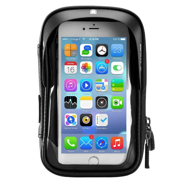 Black waterproof touch screen bicycle handlebar bag mounted on handlebars with phone visible through TPU window
