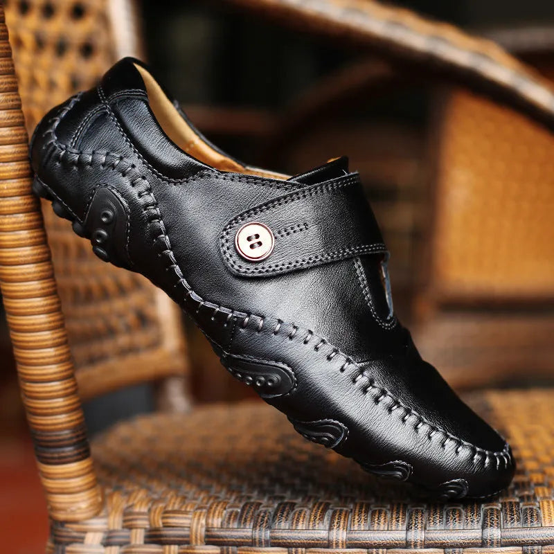 Men's Korean fashion casual leather shoes with microfiber upper, front lace, round toe, low heel, black colour