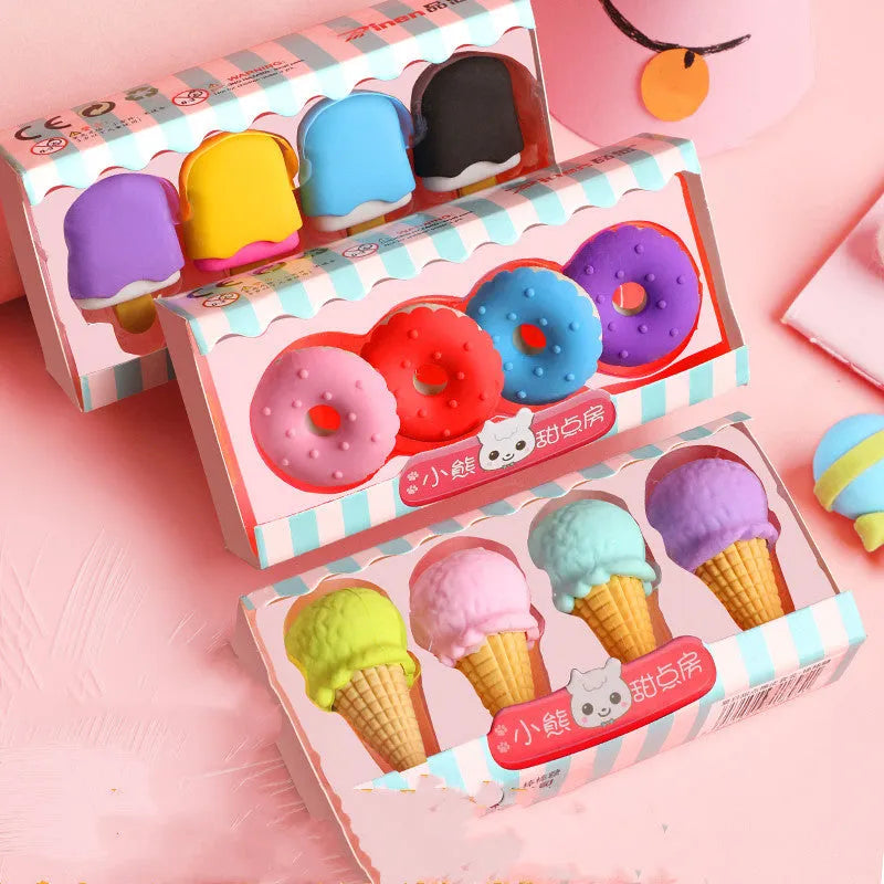 Set of 12 cartoon food erasers including ice creams, donuts, and lollipops for children.