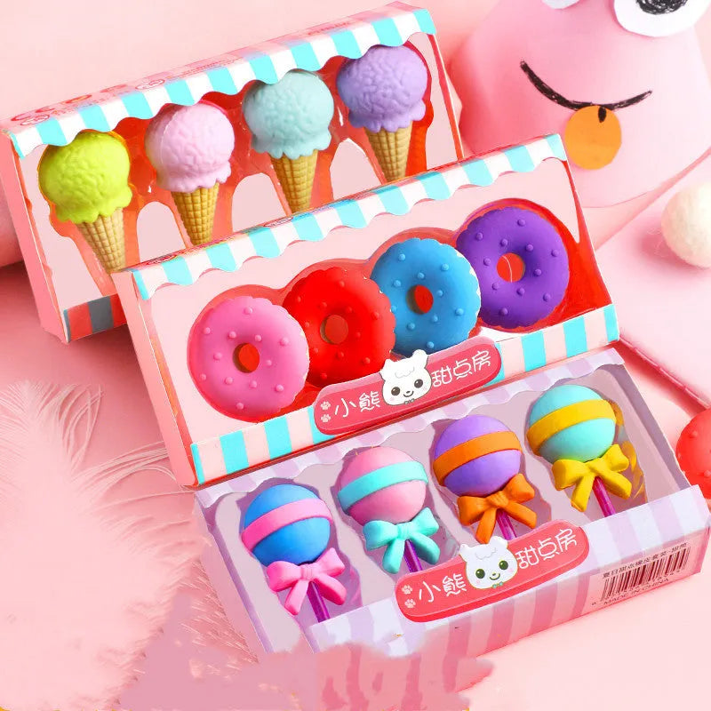 Set of 12 cartoon food erasers including ice creams, donuts, and lollipops for children.