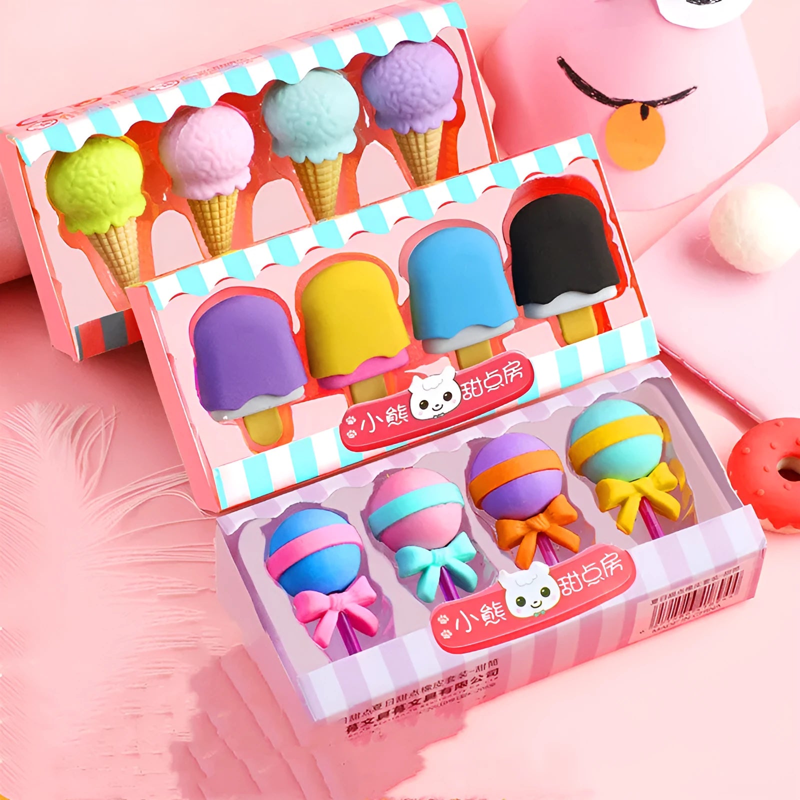 Set of 12 cartoon food erasers including ice creams, donuts, and lollipops for children.