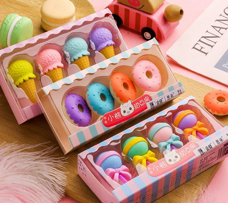 Set of 12 cartoon food erasers including ice creams, donuts, and lollipops for children.