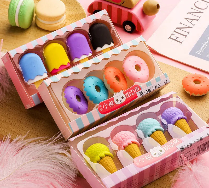 Set of 12 cartoon food erasers including ice creams, donuts, and lollipops for children.