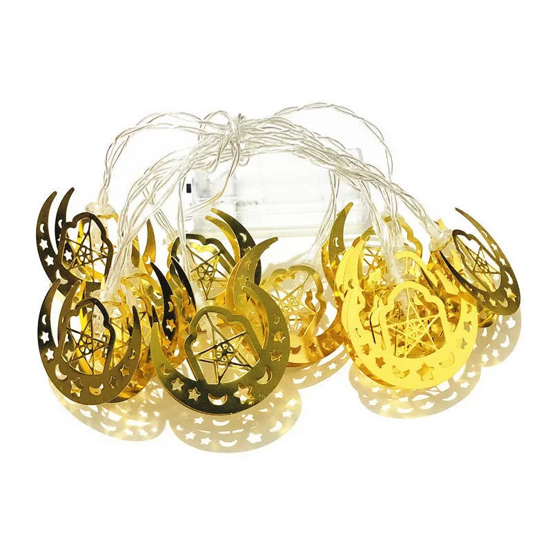 Gold wrought iron moon and star pendant LED string lights with battery box for indoor Ramadan decoration