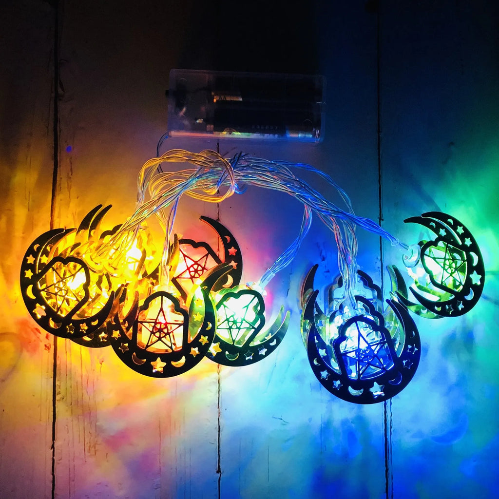 Gold wrought iron moon and star pendant LED string lights with battery box for indoor Ramadan decoration
