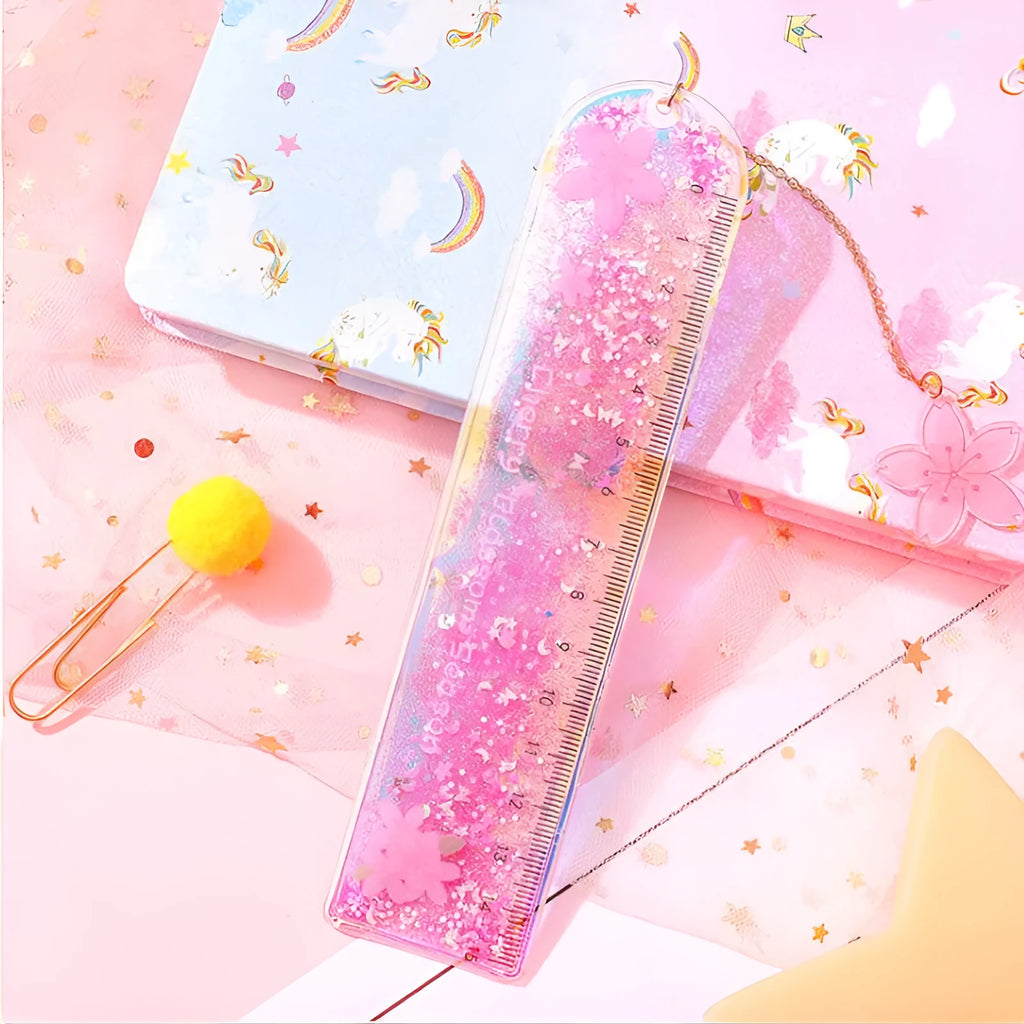 15cm transparent PVC ruler with laser-cut girl heart design showing bookmark and measurement functions
