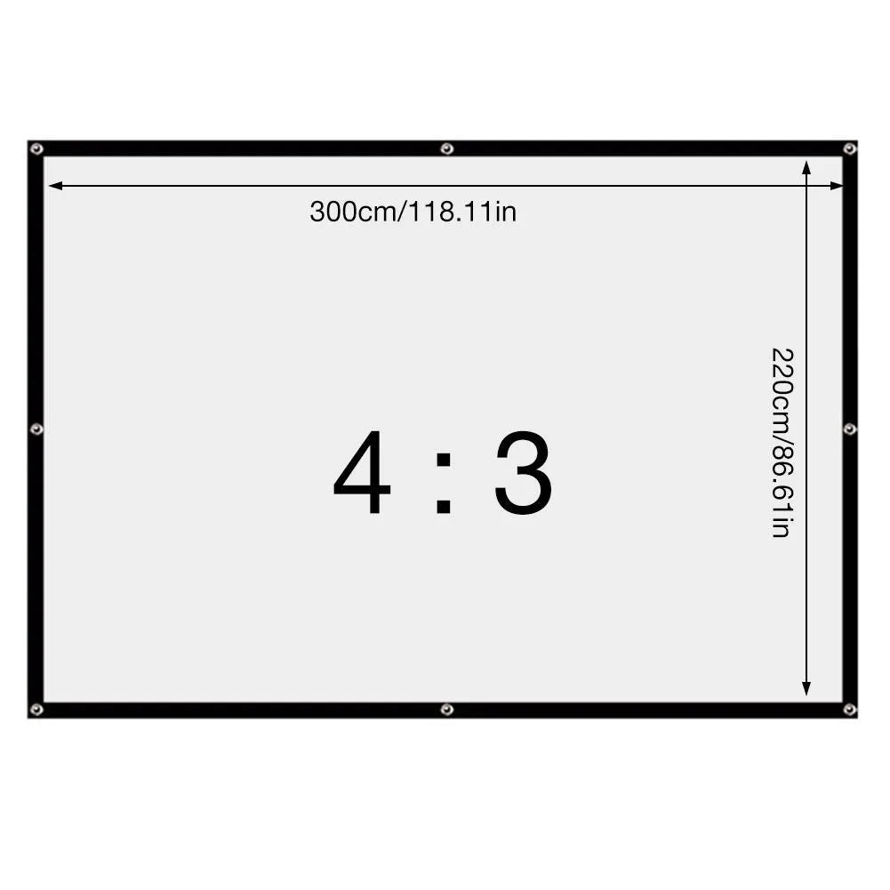 150-inch white polyester projection screen with 4:3 aspect ratio and folding design