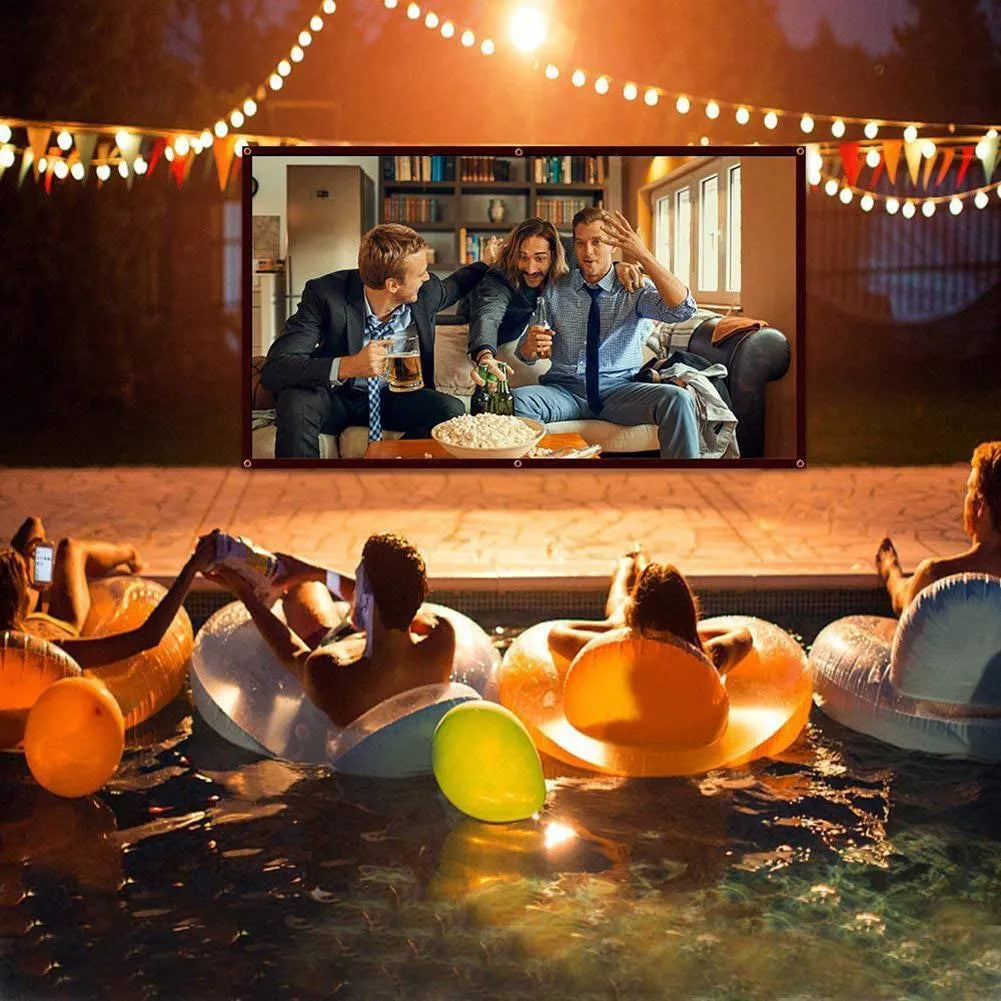 150-inch white polyester projection screen with 4:3 aspect ratio and folding design
