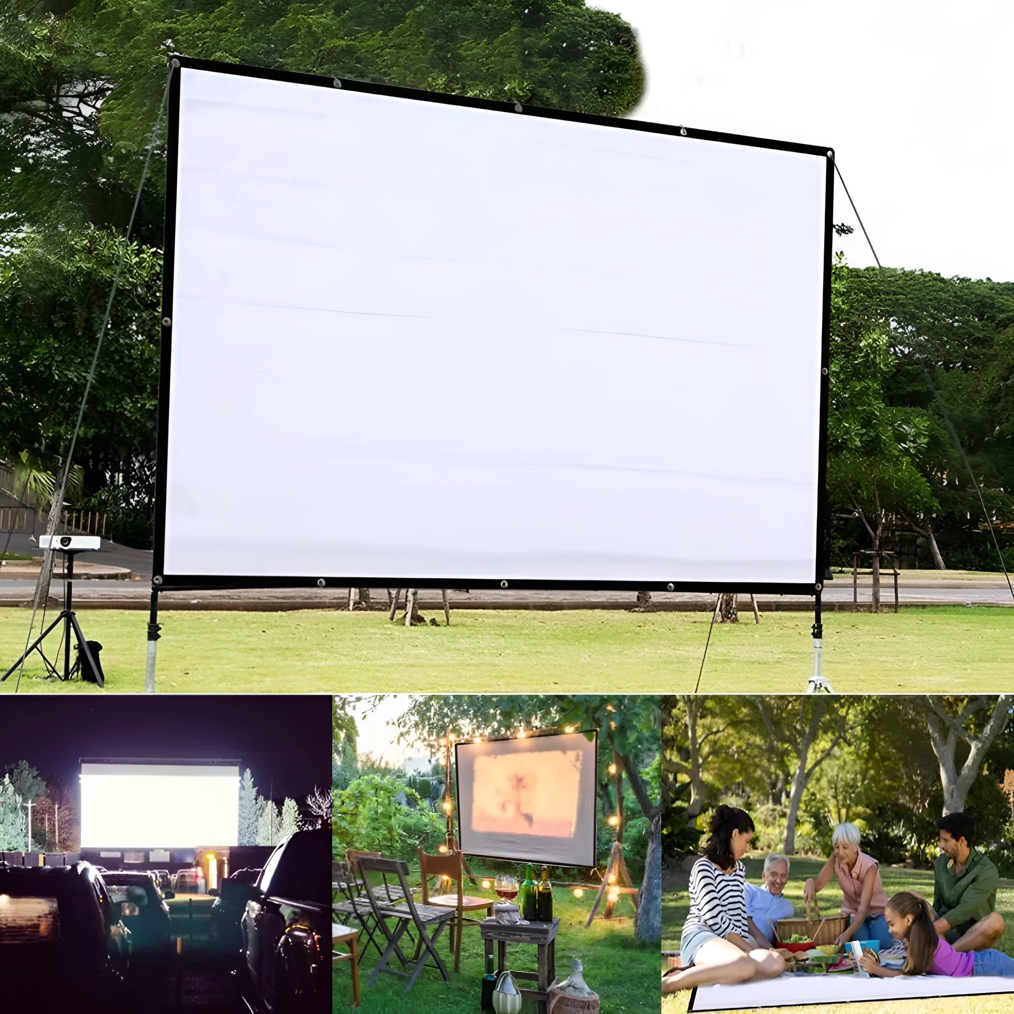 150-inch white polyester projection screen with 4:3 aspect ratio and folding design