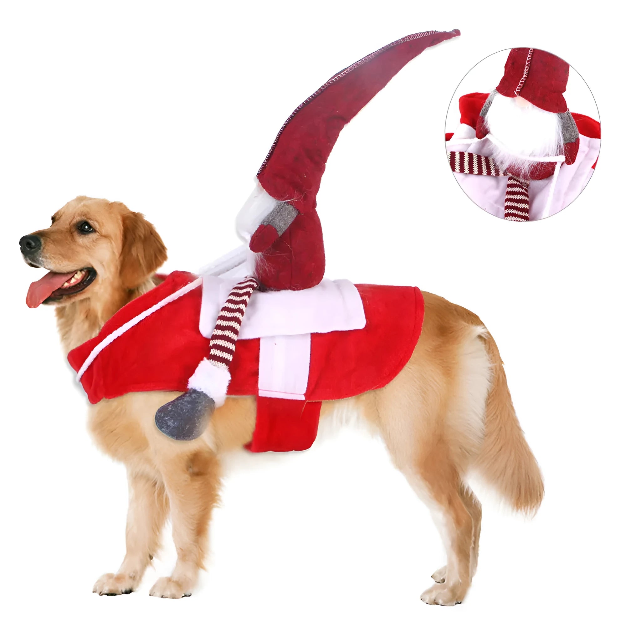 Red flannel Santa Claus dog costume with Velcro fastenings showing sizes S, M, L, XL options