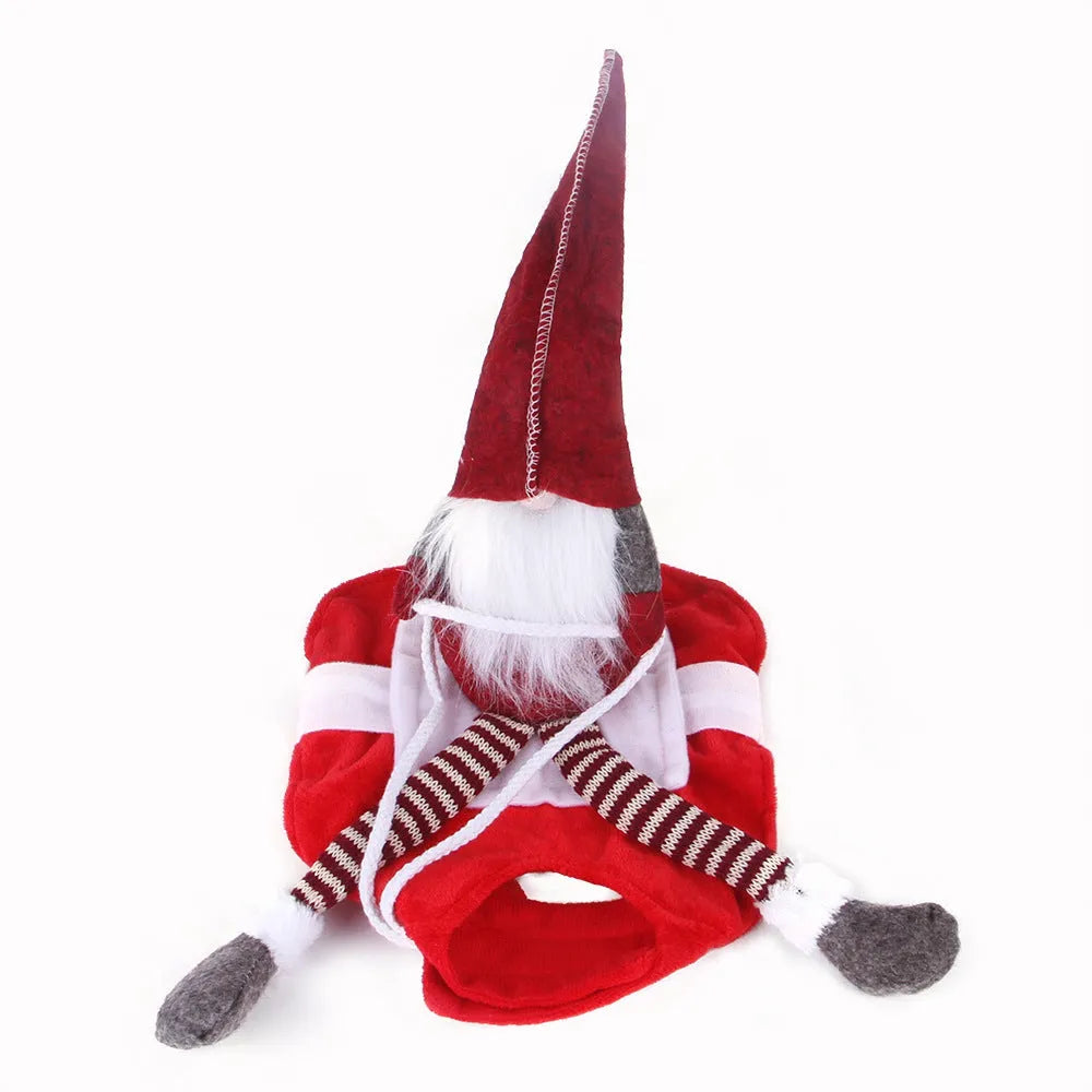 Red flannel Santa Claus dog costume with Velcro fastenings showing sizes S, M, L, XL options