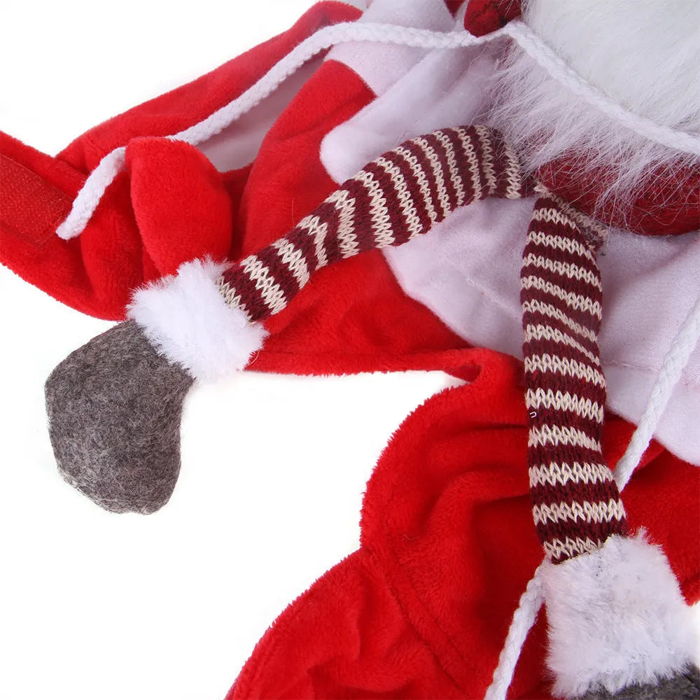 Red flannel Santa Claus dog costume with Velcro fastenings showing sizes S, M, L, XL options