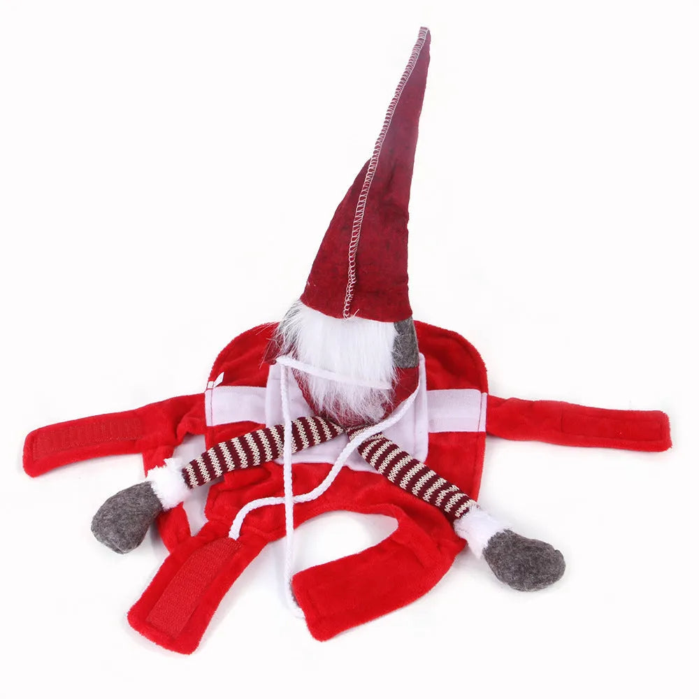 Red flannel Santa Claus dog costume with Velcro fastenings showing sizes S, M, L, XL options