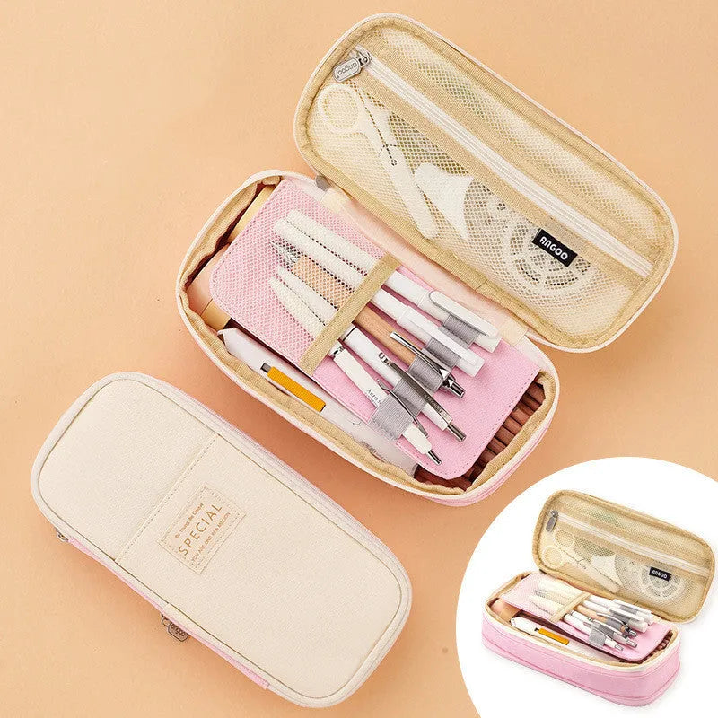 Canvas pencil case student stationery bag junior high school square plain light blue