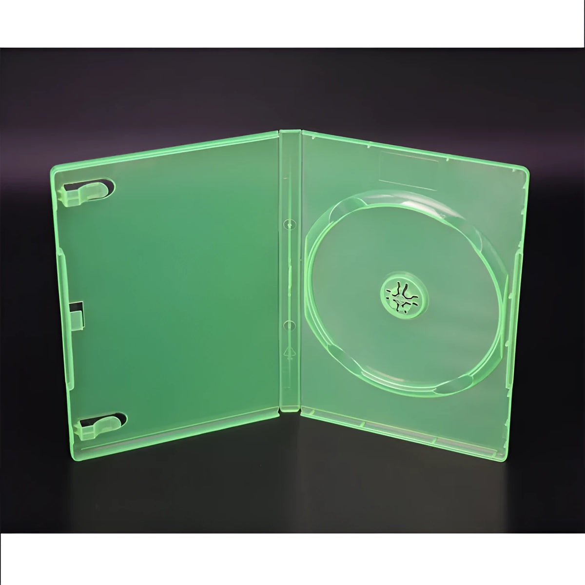 Green plastic empty disc box for compact discs, size 191x135x14mm, offset printing surface