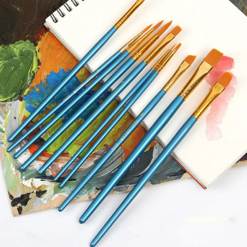 Set of 10 gouache brushes with round heads, wood handles, 20cm length, blue colour