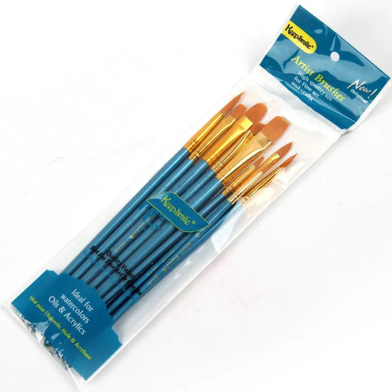 Set of 10 gouache brushes with round heads, wood handles, 20cm length, blue colour