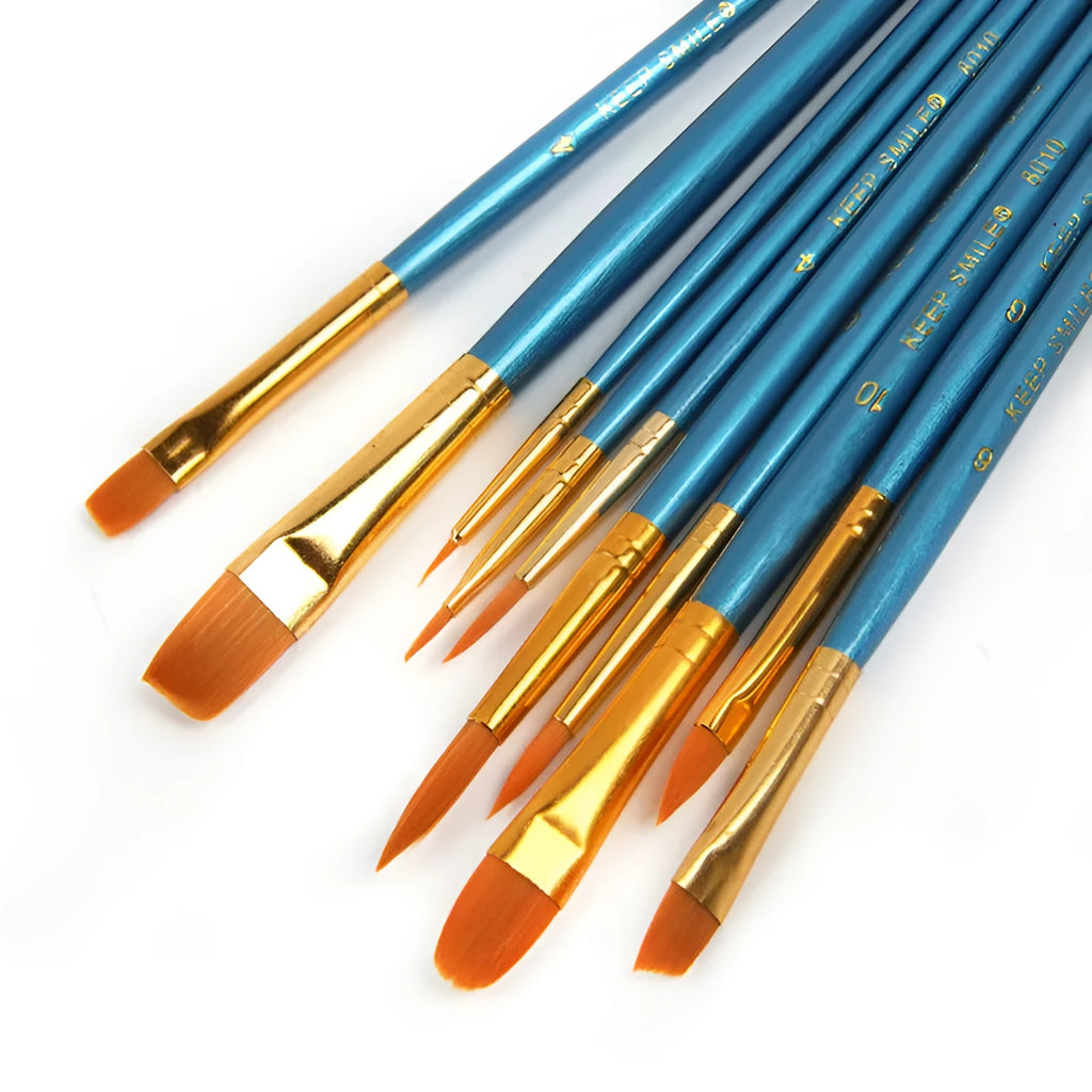 Set of 10 gouache brushes with round heads, wood handles, 20cm length, blue colour