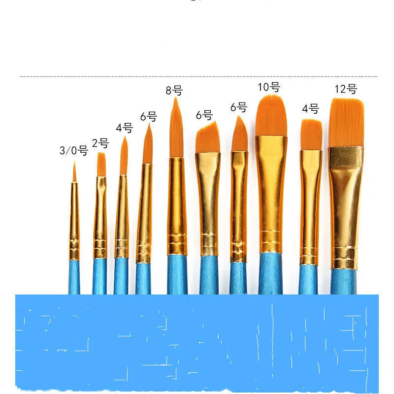 Set of 10 gouache brushes with round heads, wood handles, 20cm length, blue colour