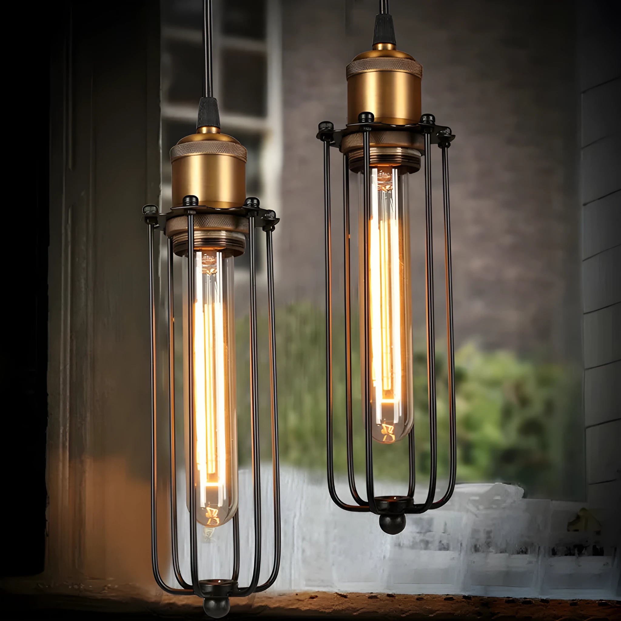 Brown Nordic retro style iron chandelier with a fishing line shape hanging from a ceiling.